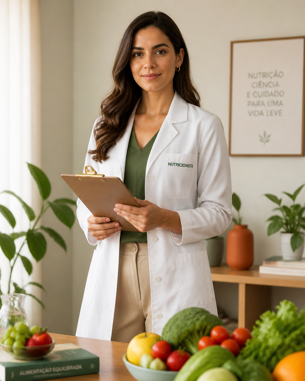 Retrato da nutricionista clínica Helena em seu consultório